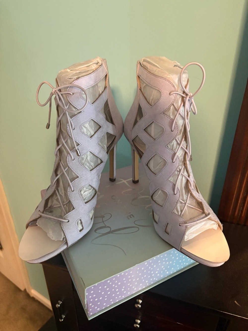 Lace-Up Cutout G.I.L.I. High Heel Sandals in Light Lavender 9 new pastel QVC